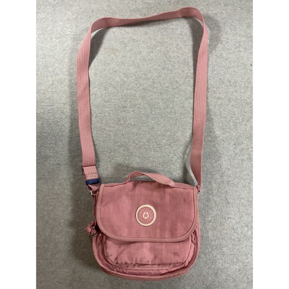 Kipling Pink Crinkle Nylon Crossbody Bag Flap Messenger with Monkey Keychain